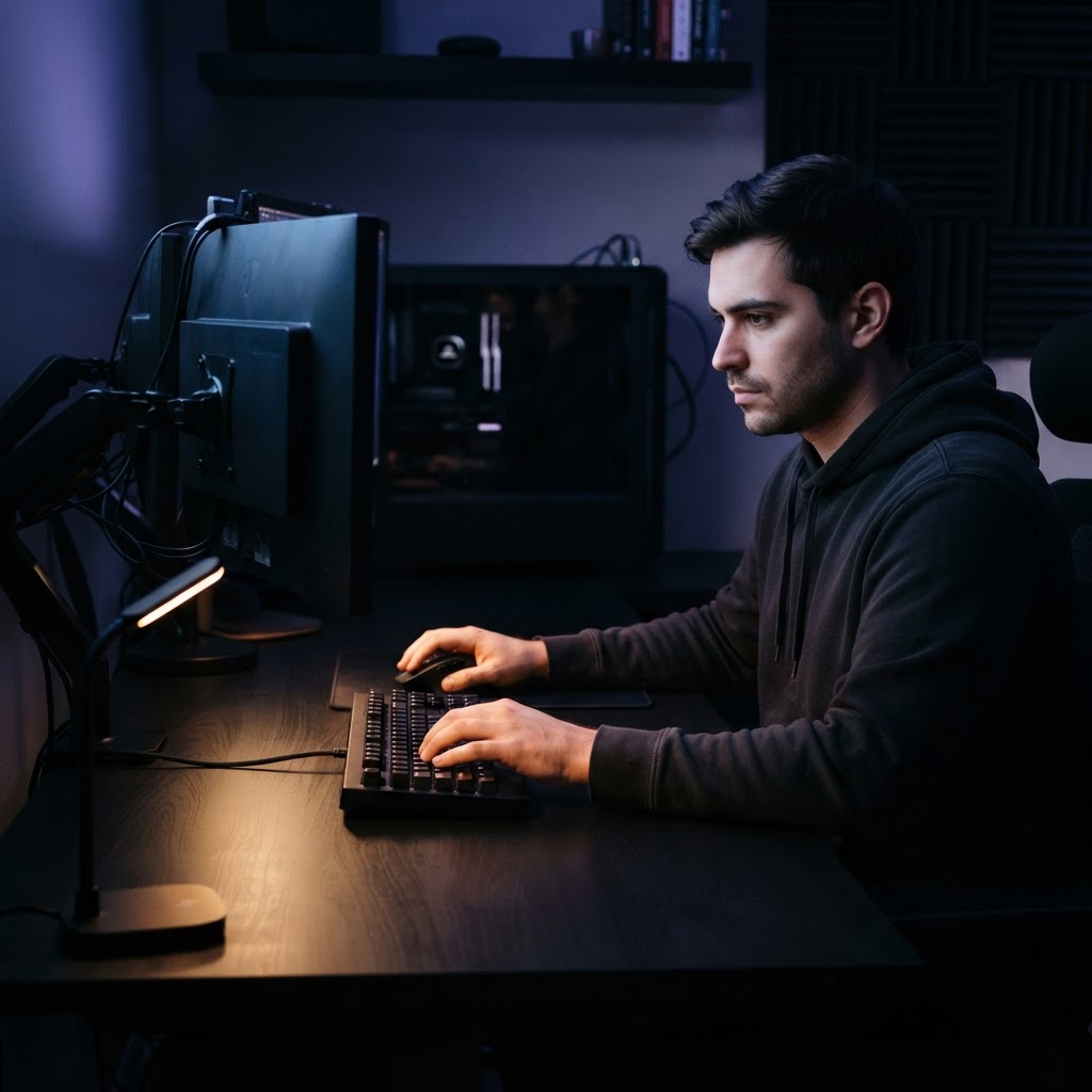 Developer focused on work in a dimly lit office