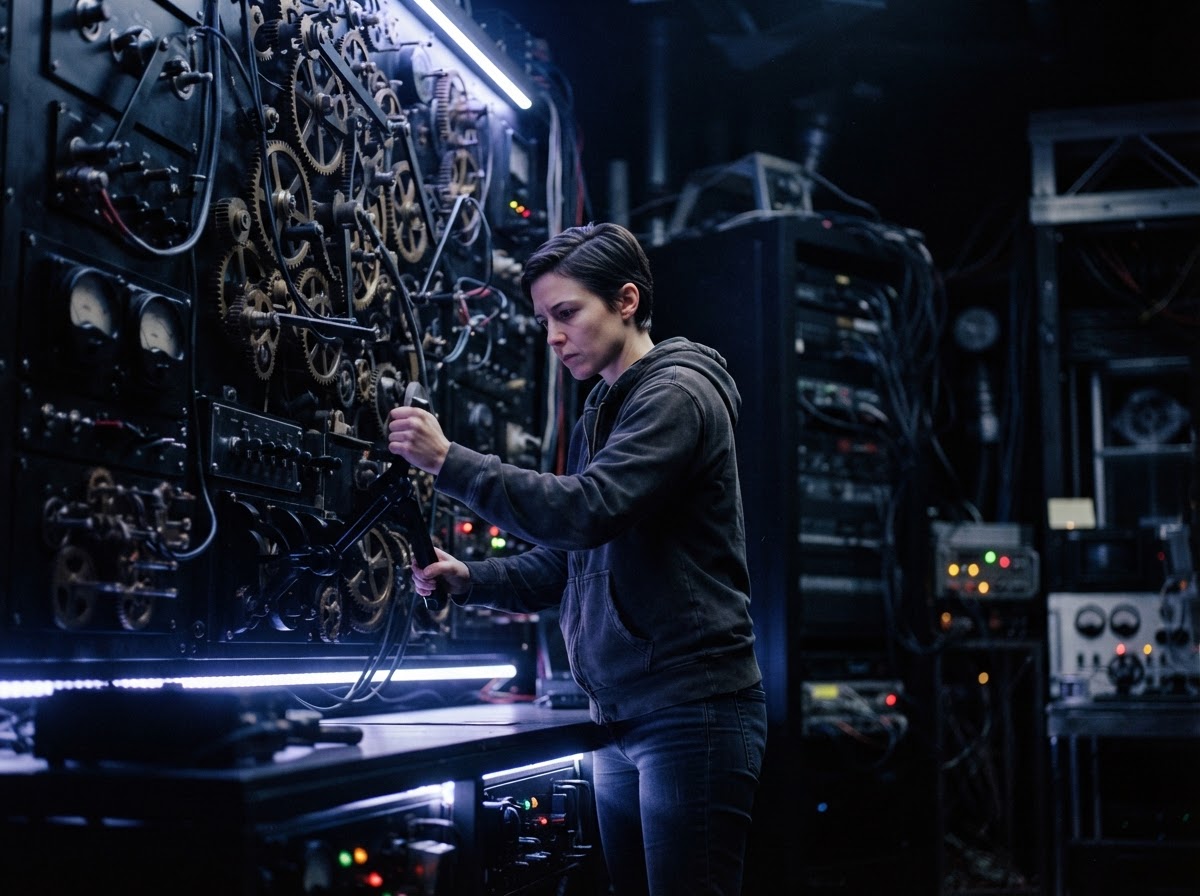 A developer adjusts a complex mechanical lever system in a dark studio