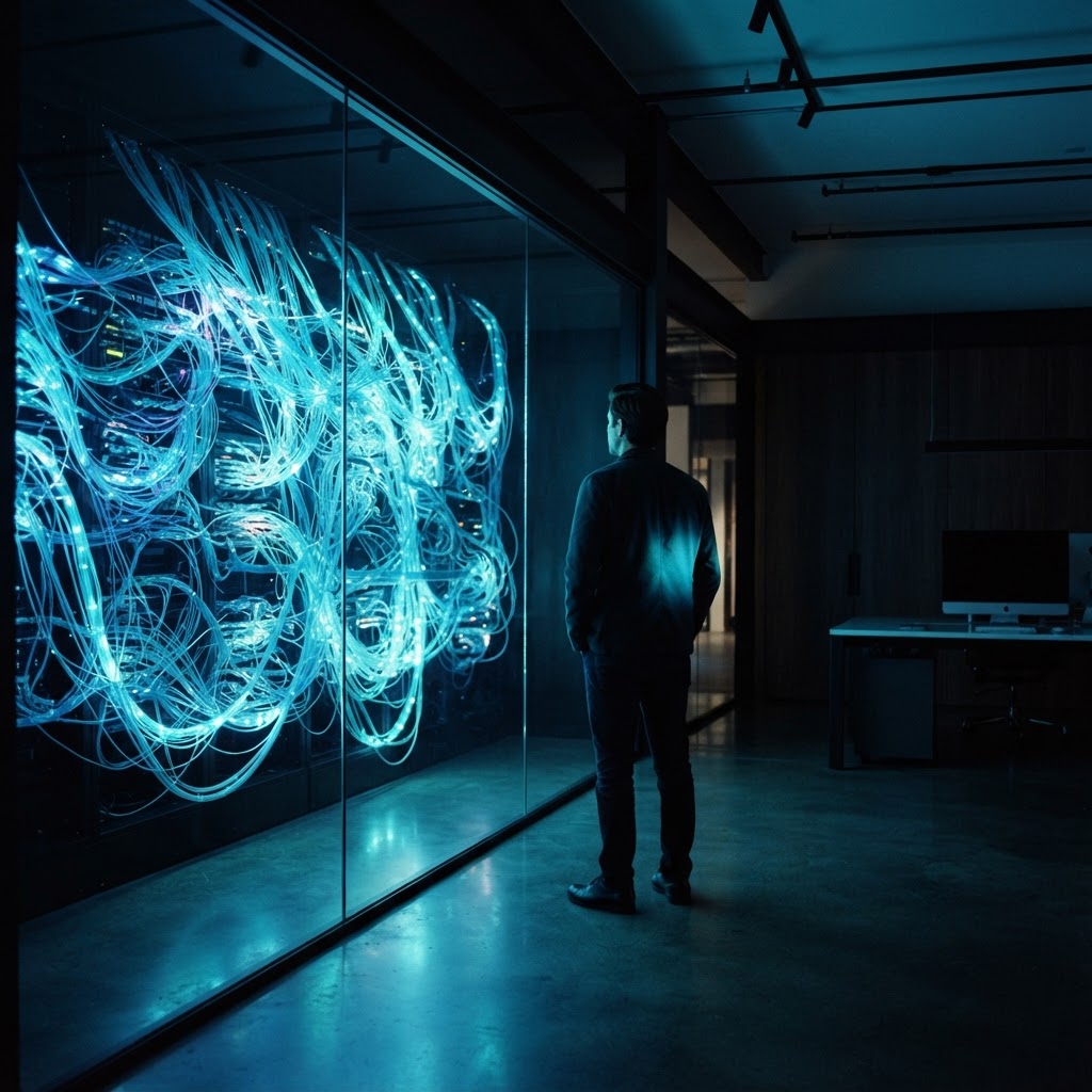A developer observing a glowing network of fiber optic cables behind glass