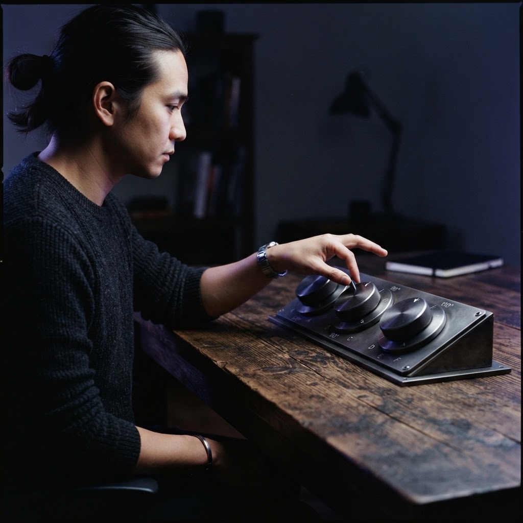 A developer's hand reaching to adjust a circular mechanical dial on a desk
