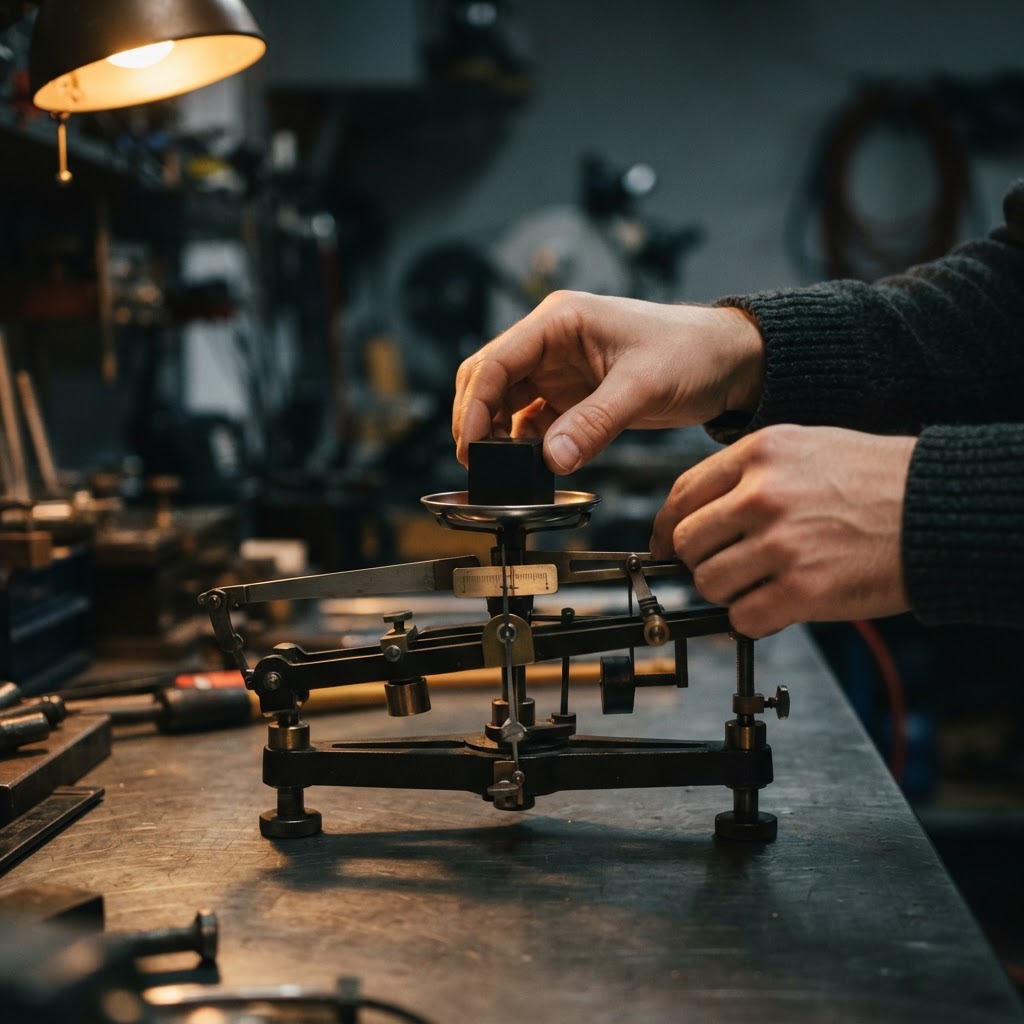 Hands balancing a weighted metal cube on a precision scale