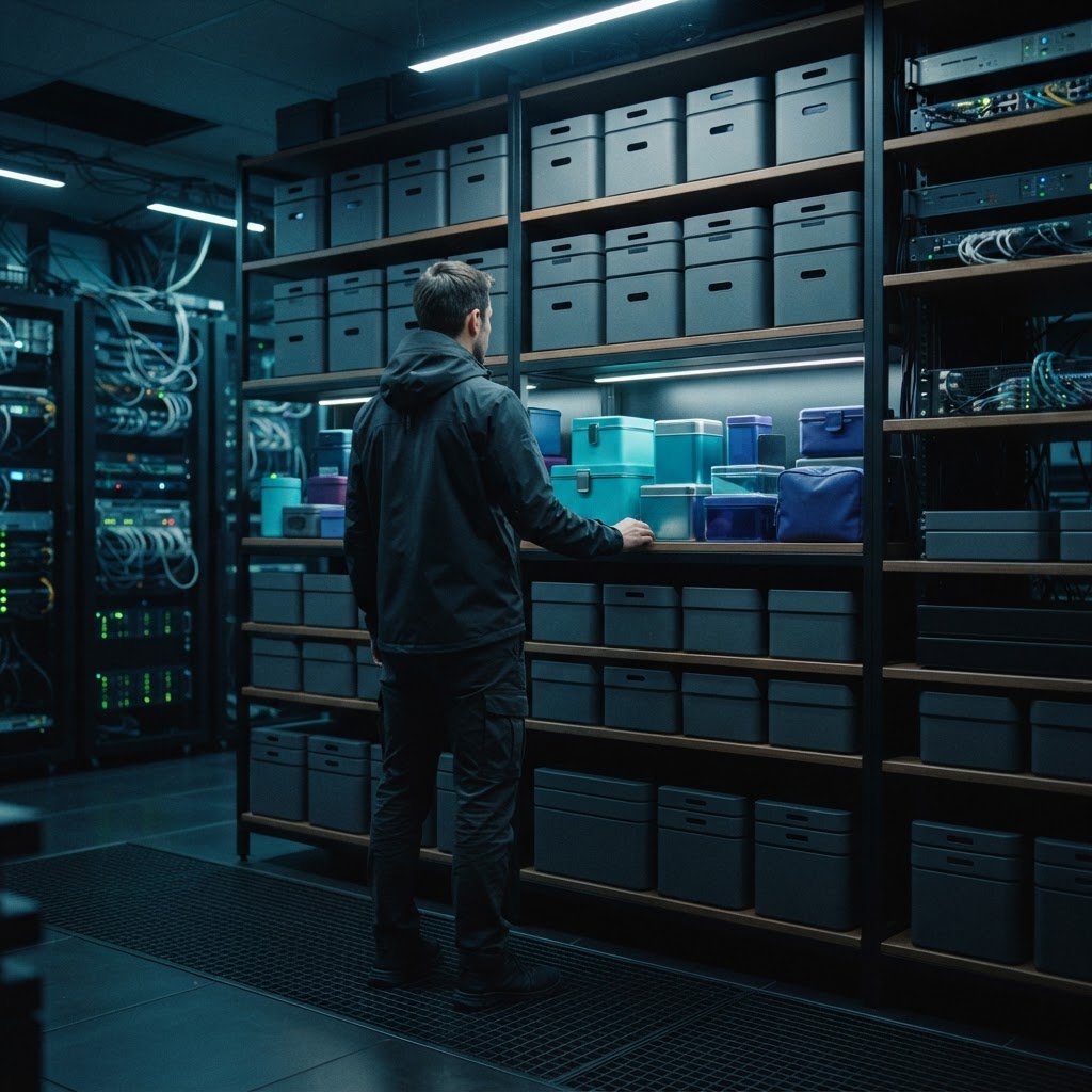 Developer standing before shelving units representing standardized versus flexible benefit structures