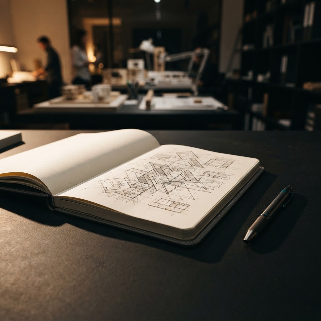 Engineering journal open on a desk showing technical diagrams for decision making