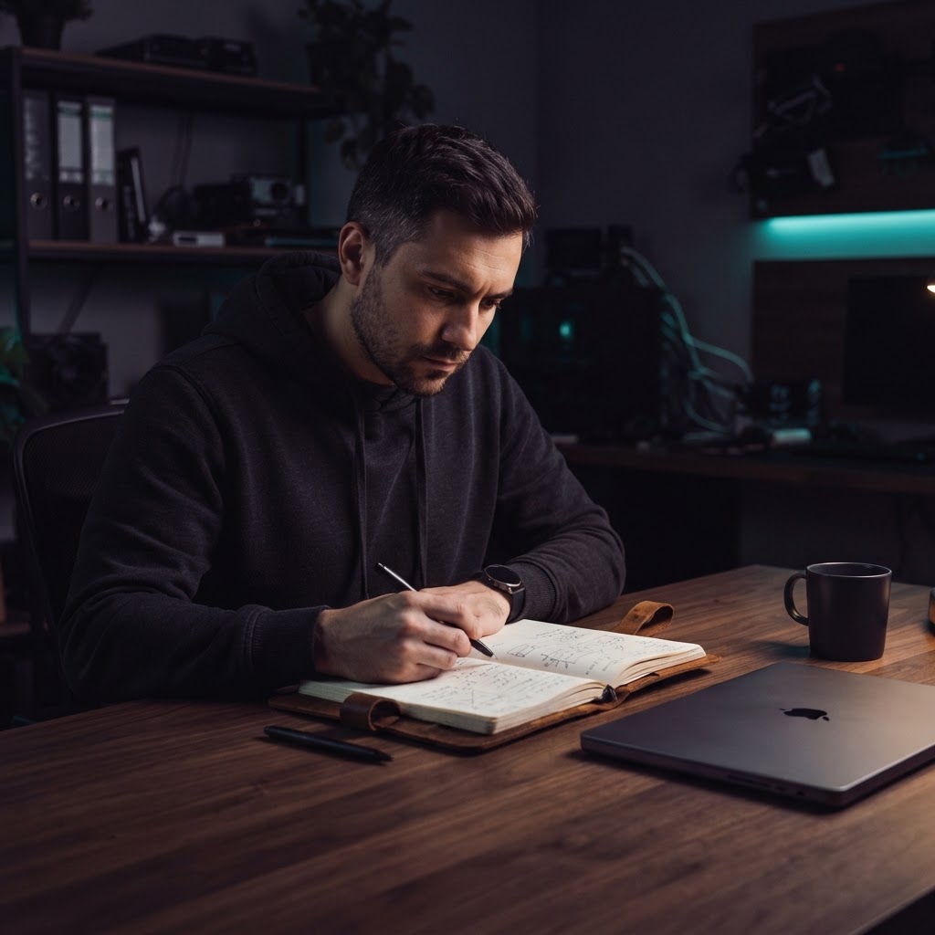 Developer reflecting on software tools in a dimly lit office