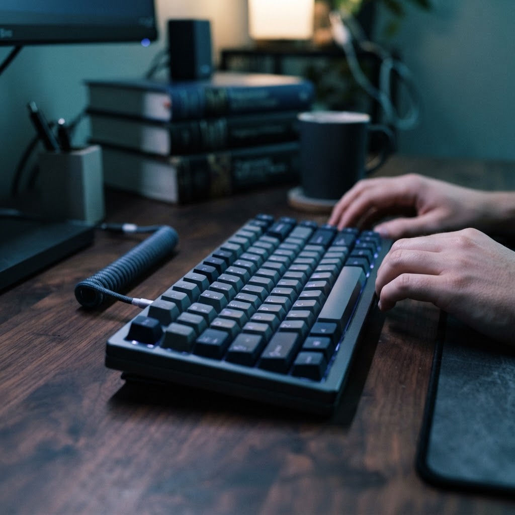 Professional developer workspace with mechanical keyboard and reference books