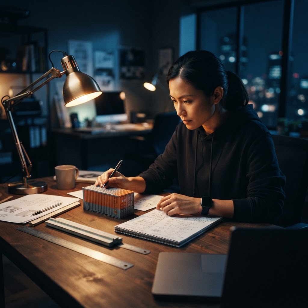 Developer working on shipping logistics model at night