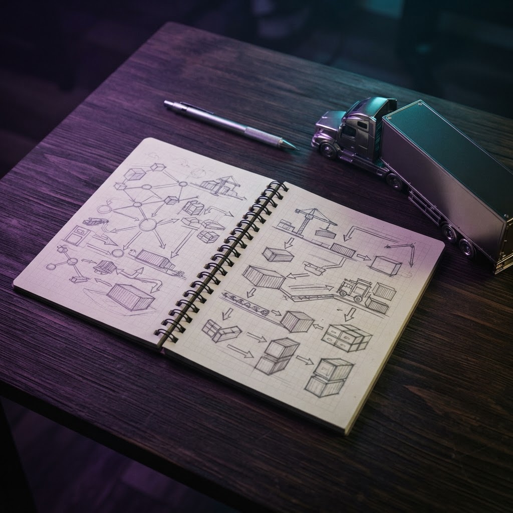 Engineering desk with freight modeling tools and notebook