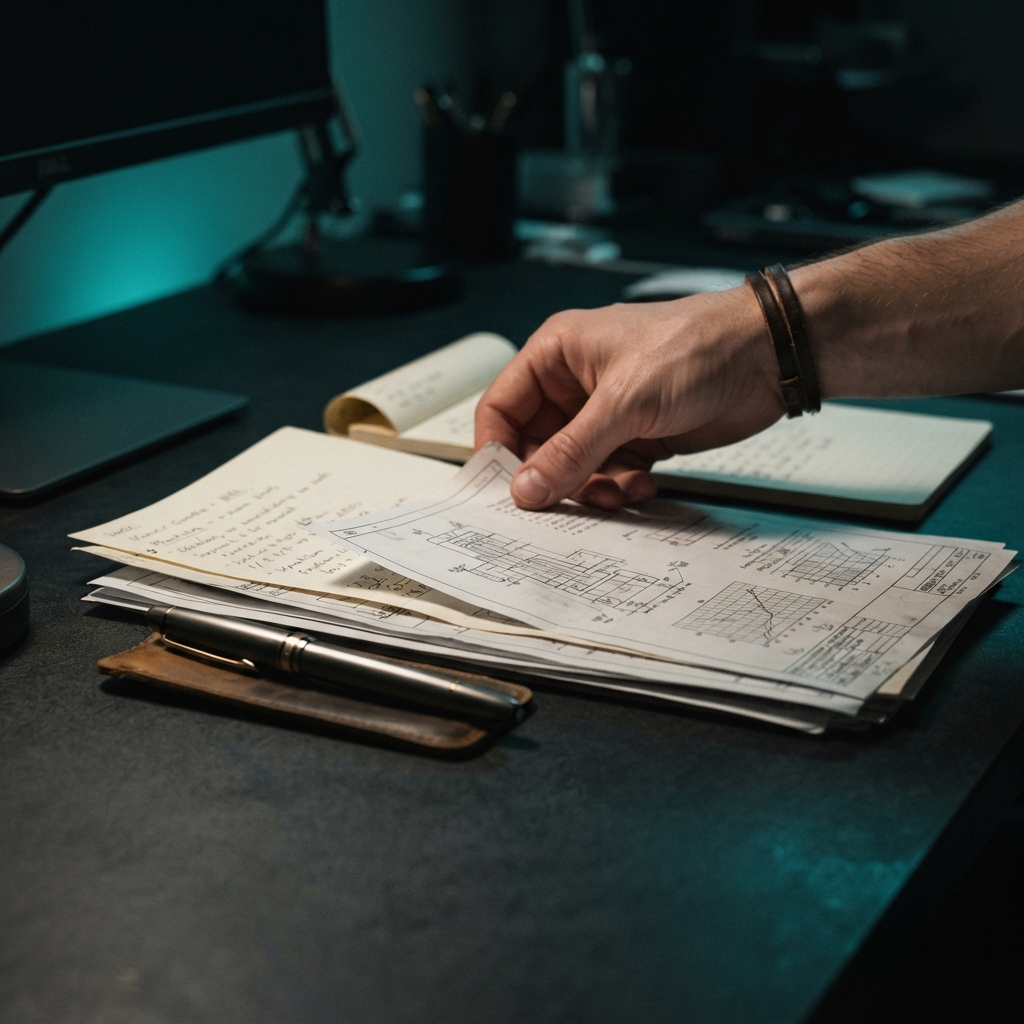 Close up of technical notes and tools on a dark desk