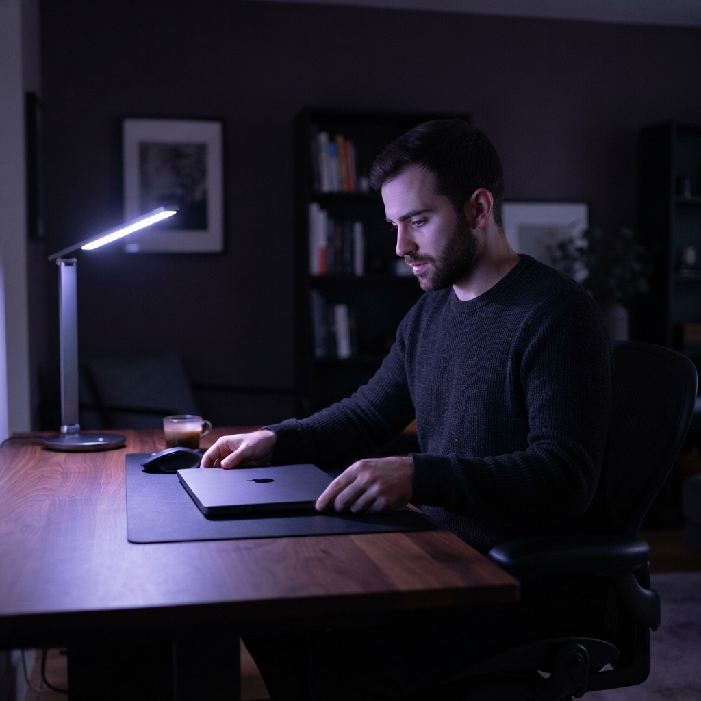 Developer adjusting a laptop in a moody office
