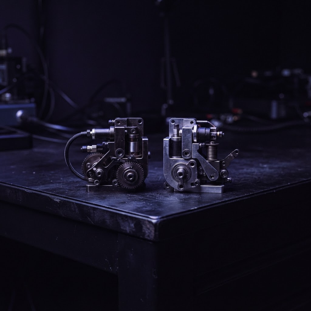 Close up of two mechanical components on a desk