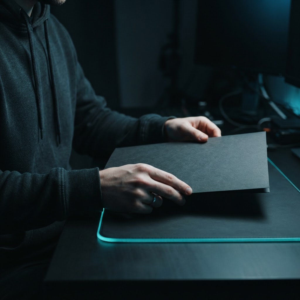 Developer hands holding a file folder in dim lighting