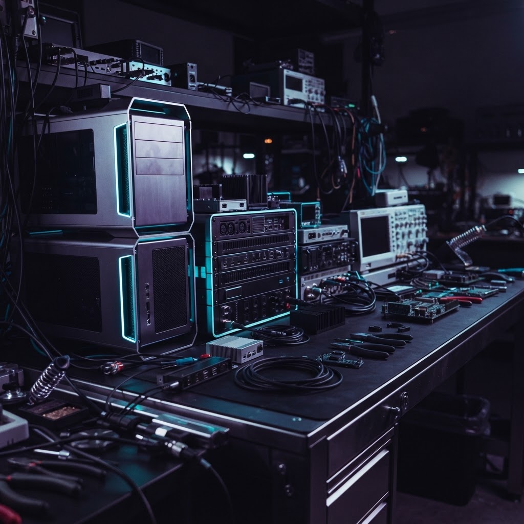 Professional engineering equipment on a dark desk