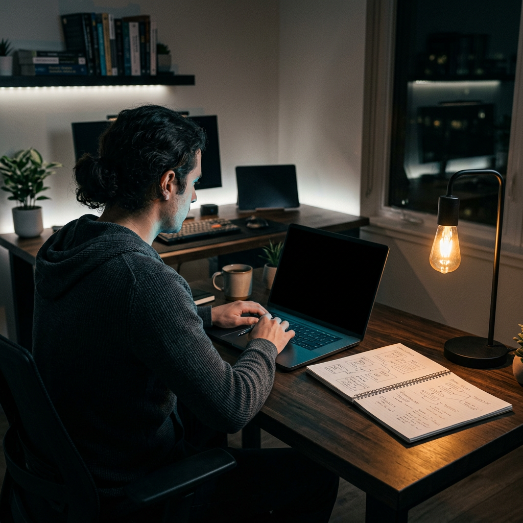 Developer focused on redesigned skill priorities at dark desk