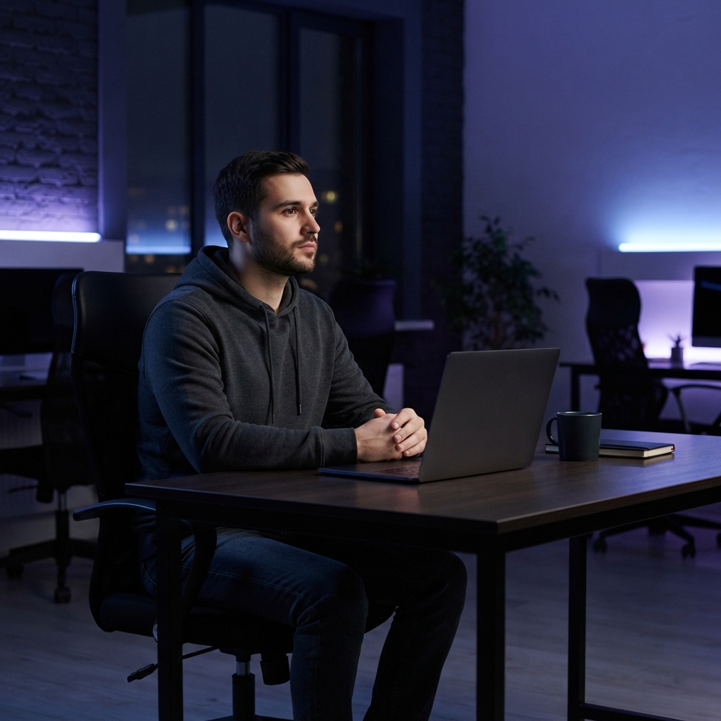 Focused developer sitting at a dark workspace at night