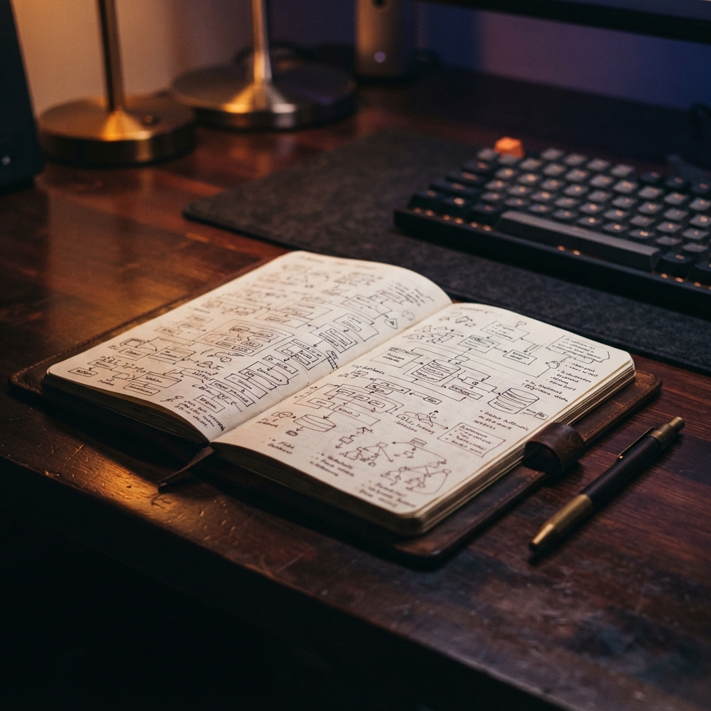 Open notebook with technical architectural sketches on a dark desk