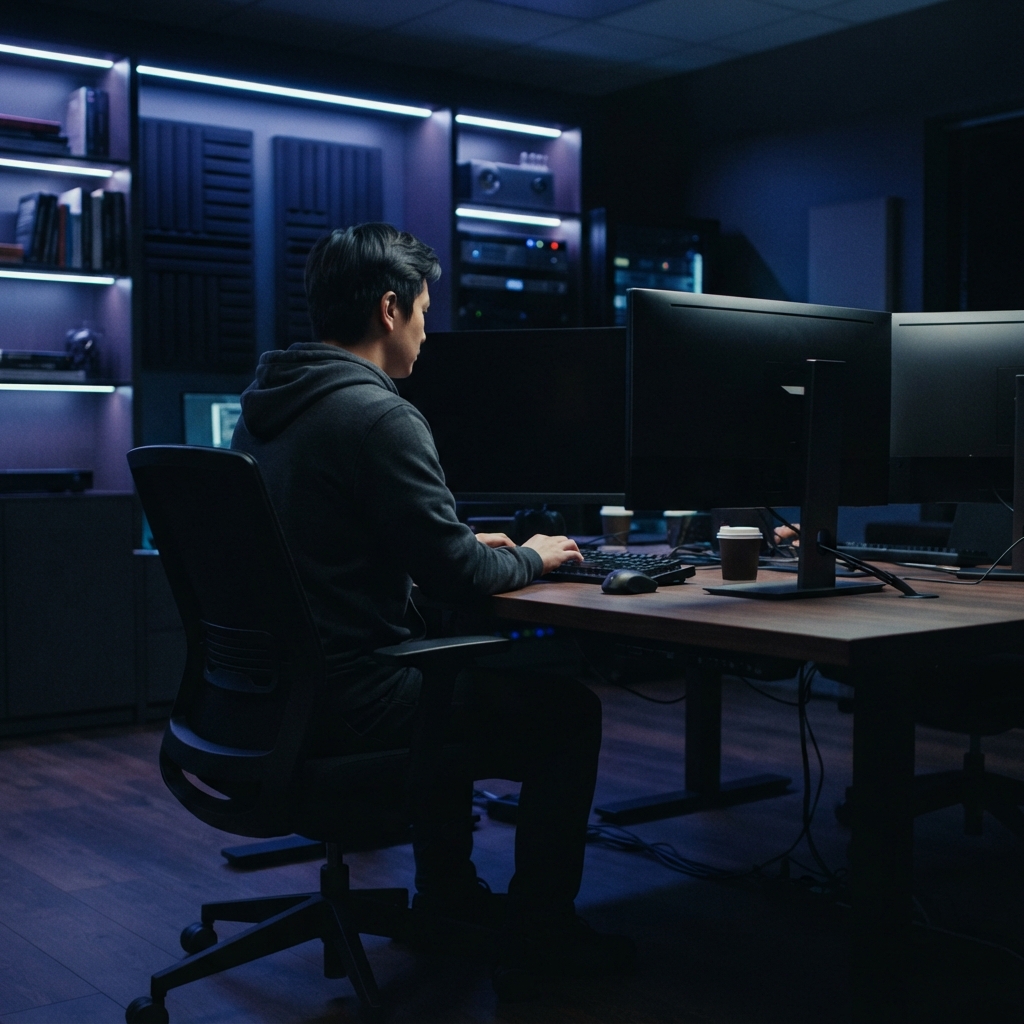 Developer working in a dimly lit office