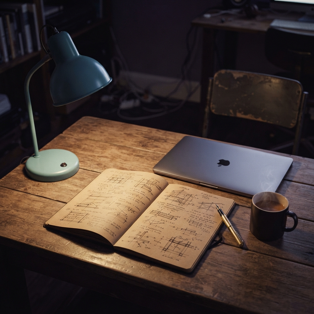 Open notebook with technical notes on a dark desk