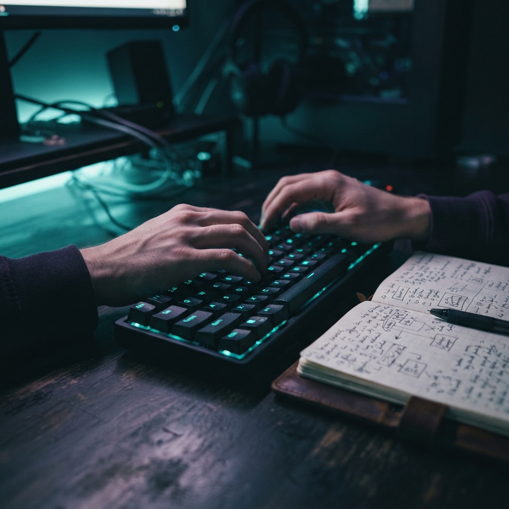 Developer hands over mechanical keyboard in dark studio