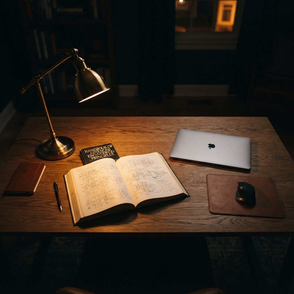 Open engineering reference book on desk at night