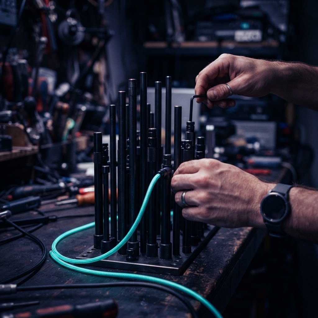 Close up of hands connecting modular metal components on a dark desk