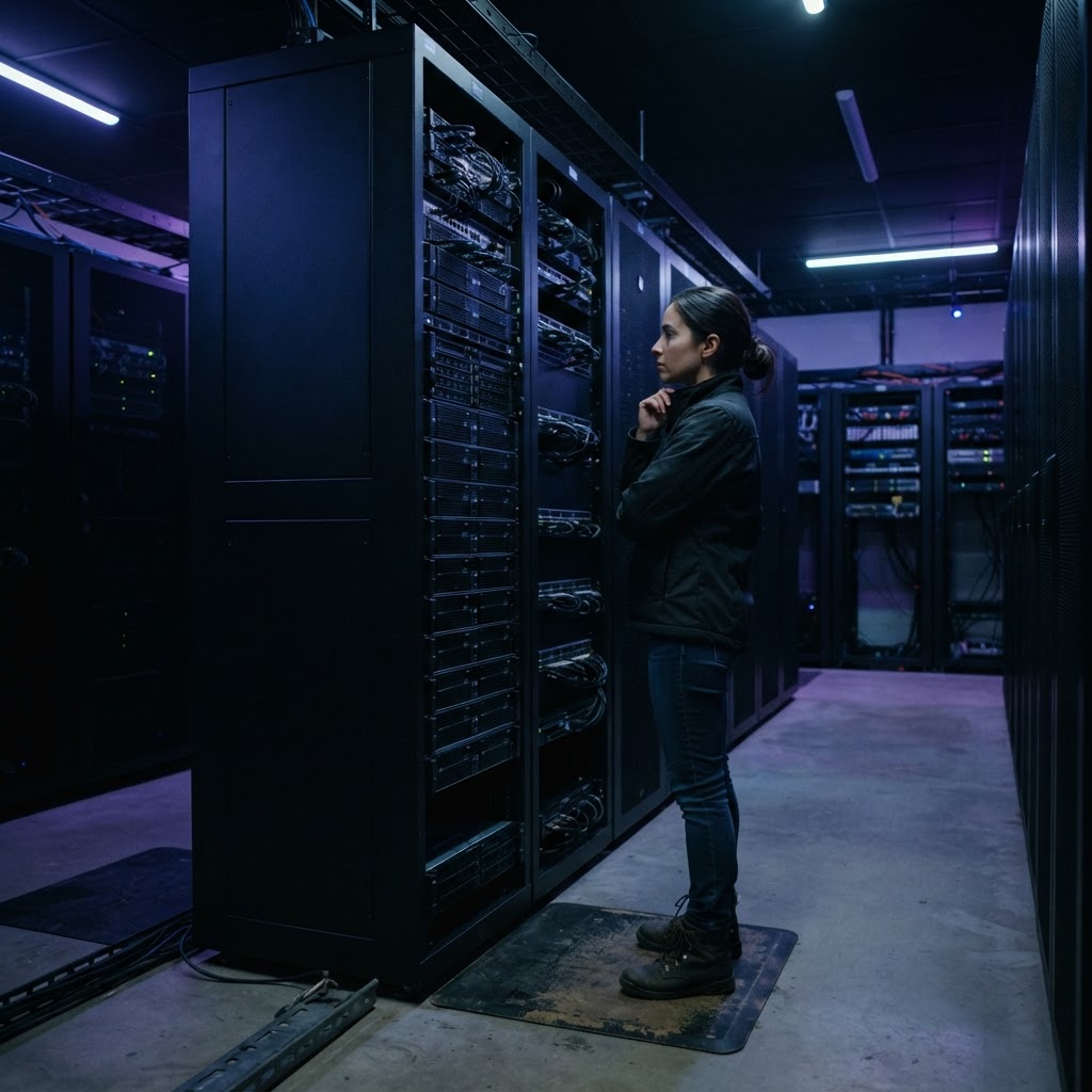 Developer standing before a vertical server rack in a dark room
