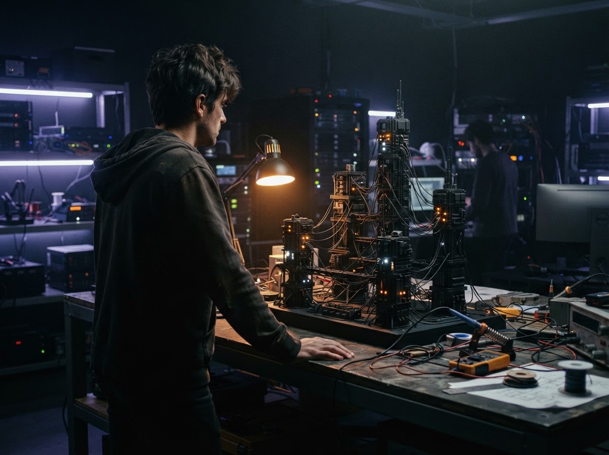 Developer working with a physical distributed node model at night