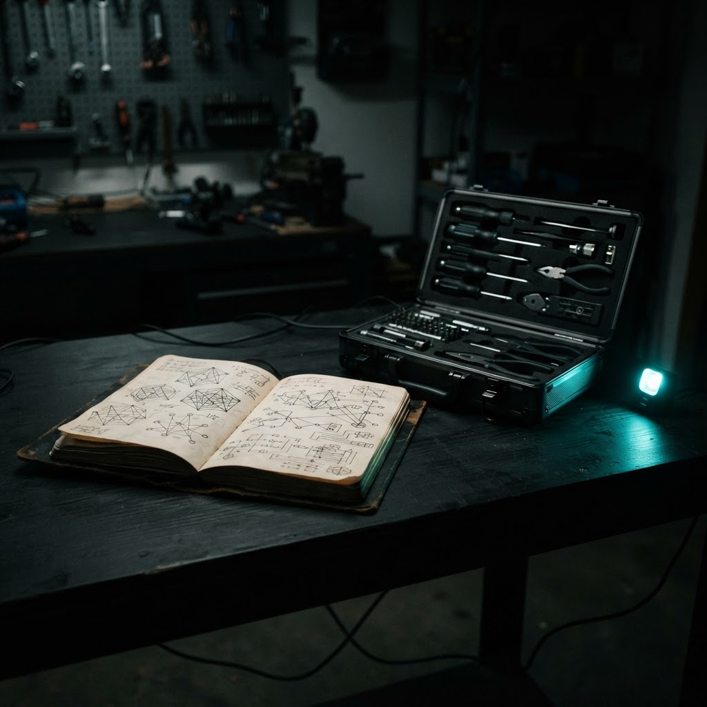 Technical notebook and metal tools on a dimly lit workbench