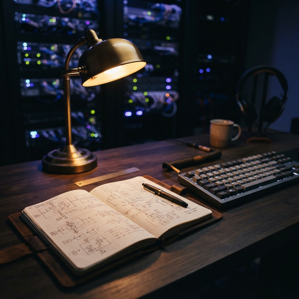 Open engineering notebook on a desk with server room lights in background