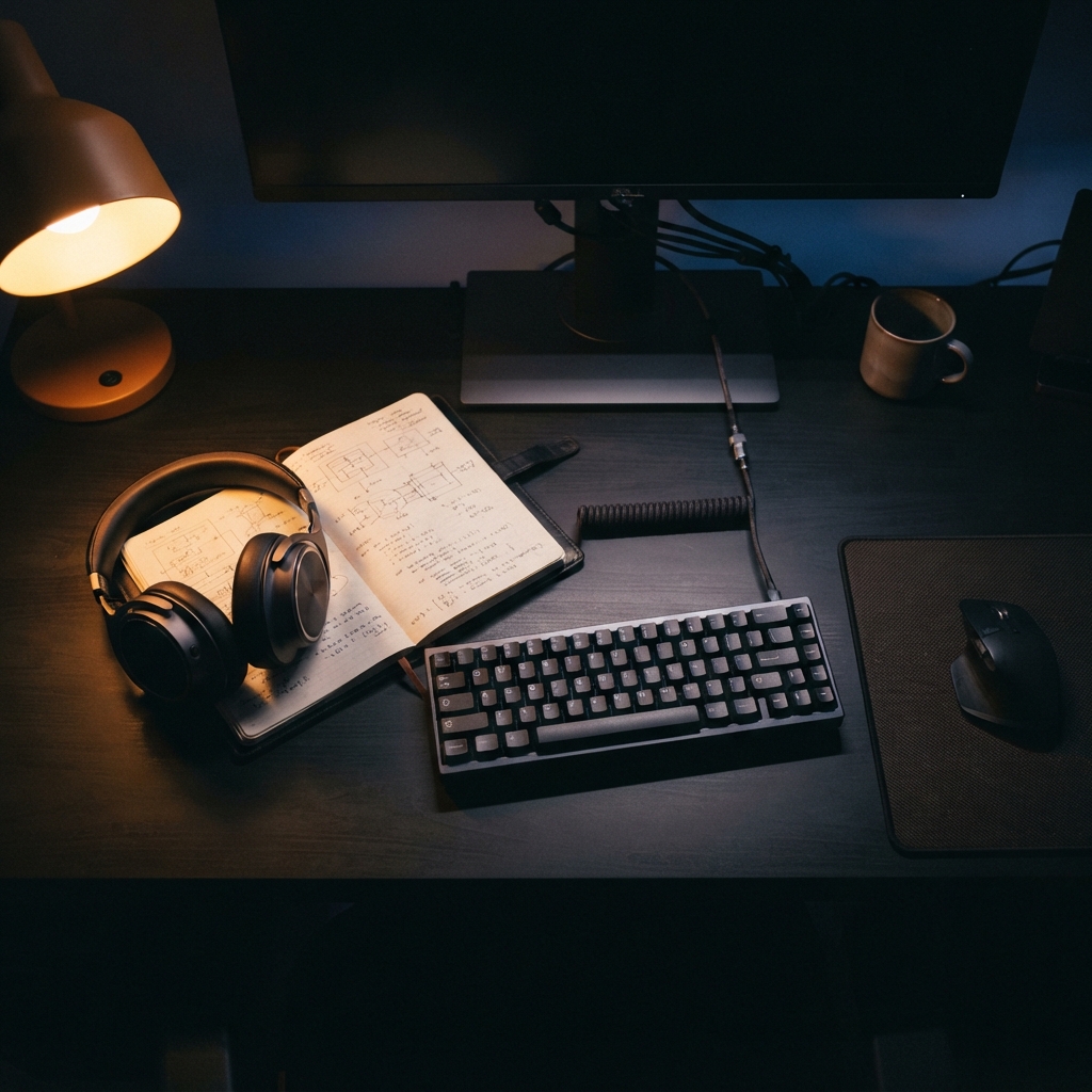 Engineering notebook and mechanical keyboard on a desk