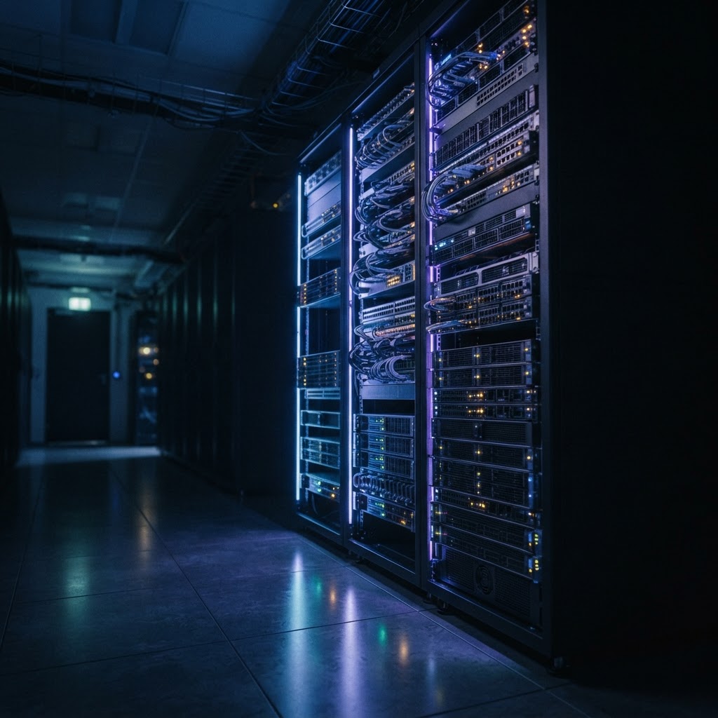 Server rack lights in a dark data center