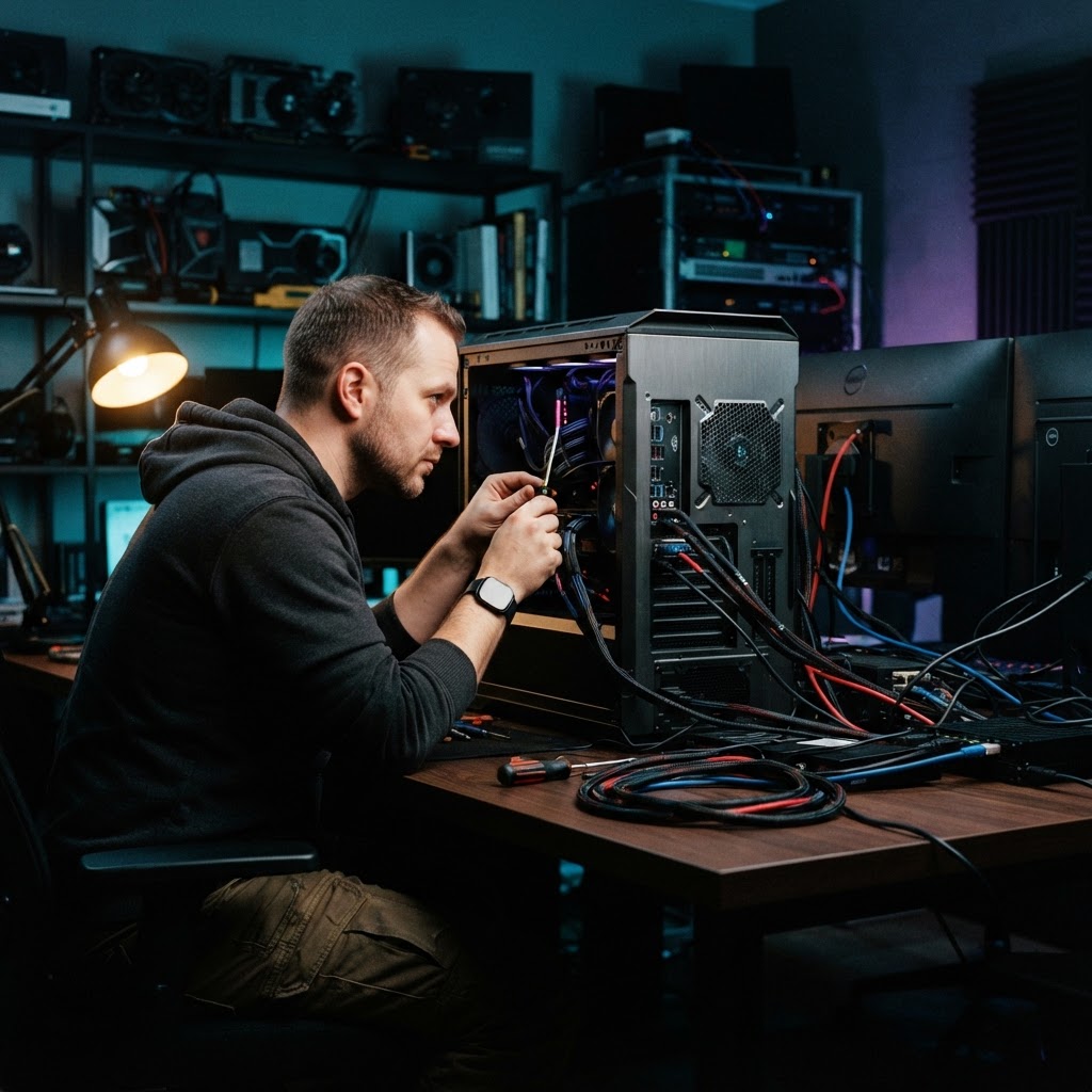 Developer working in a dimly lit tech workspace
