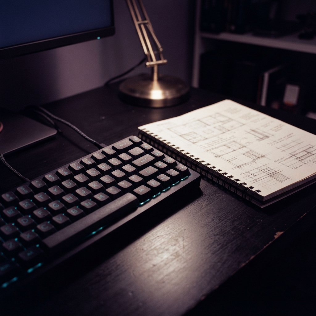 Mechanical keyboard and notebook in a dark office