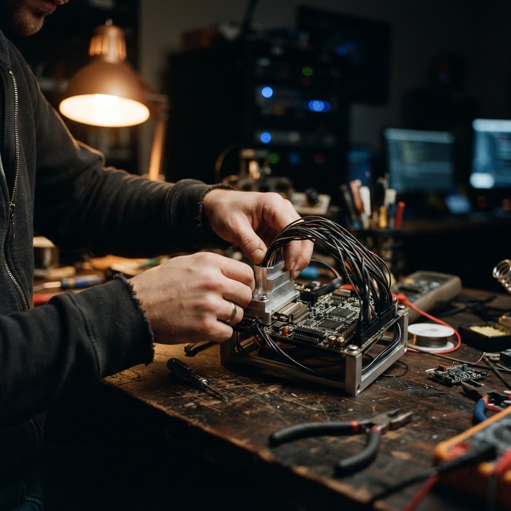 Developer hands connecting custom hardware components in a workshop
