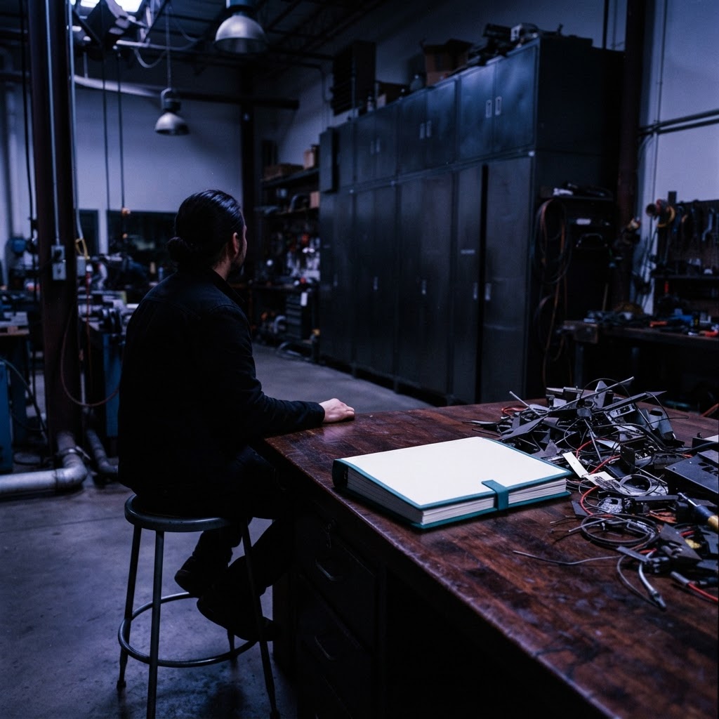 A single organized file folder on a cluttered workbench