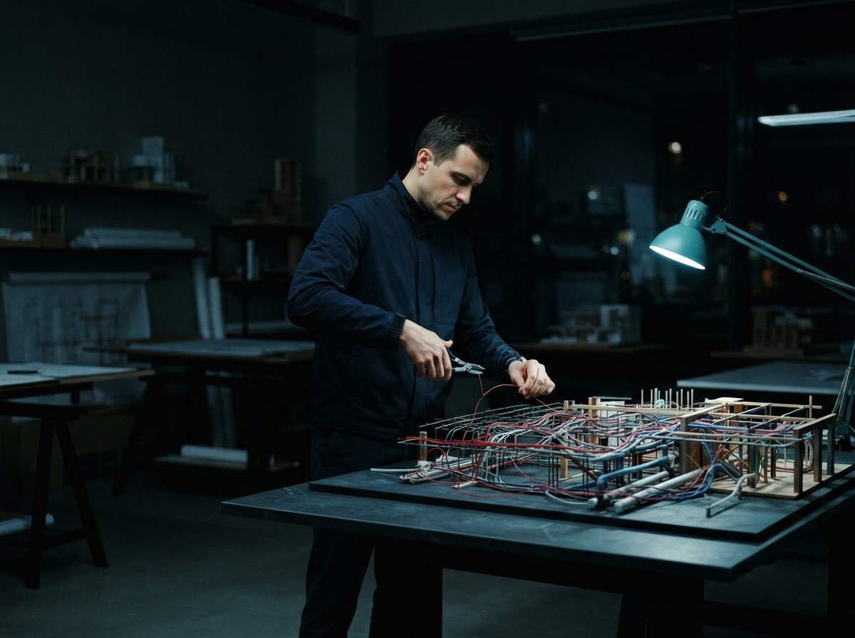 Developer evaluating a complex conduit model in a dark studio