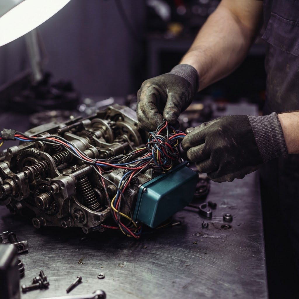 Hands separating a complex cluster of mechanical wiring