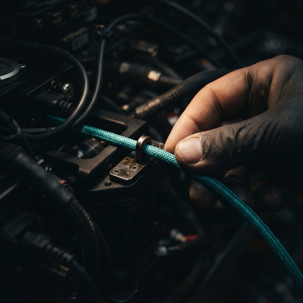Hands threading a teal cable through a metallic guide