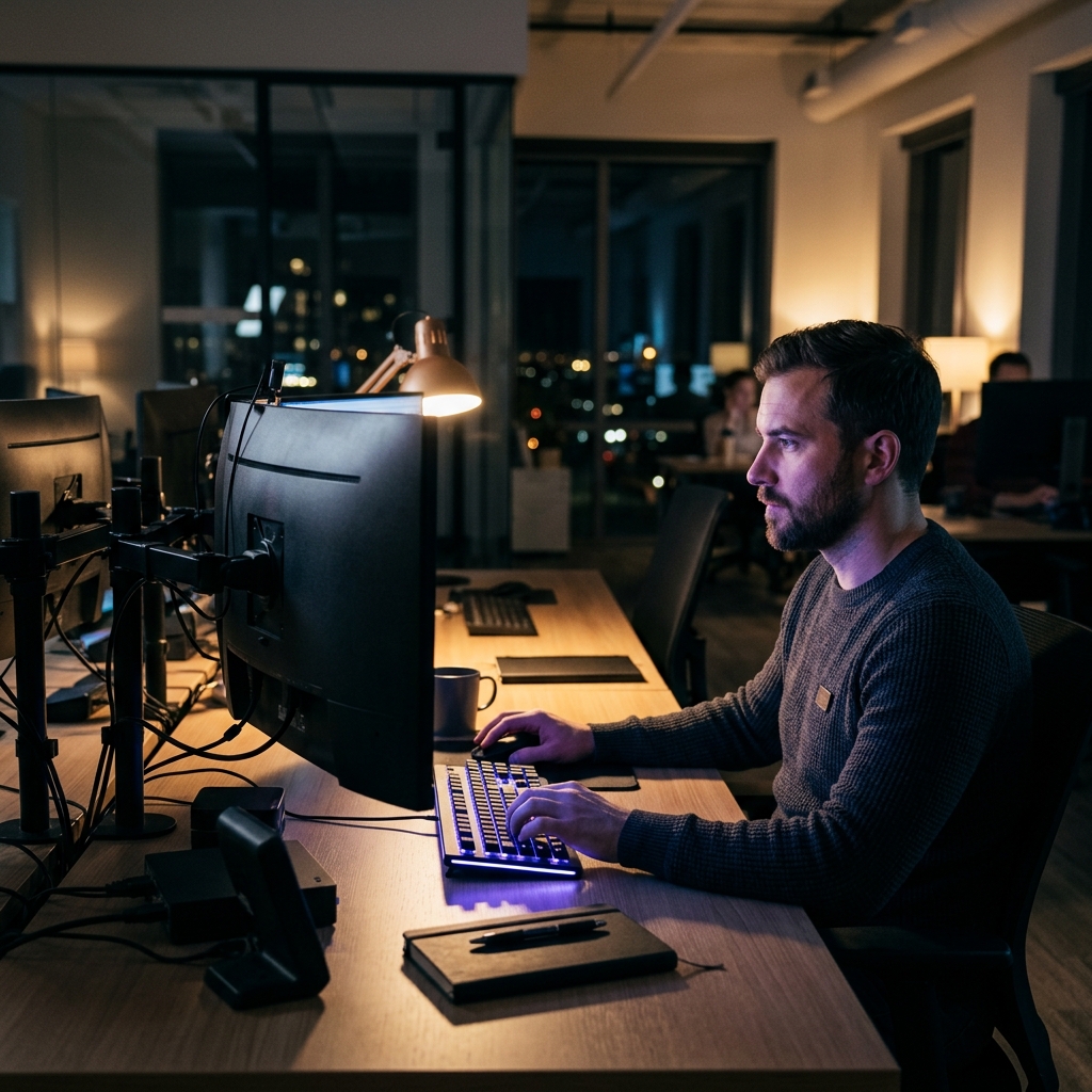 Developer at multi-monitor workstation evaluating technical systems