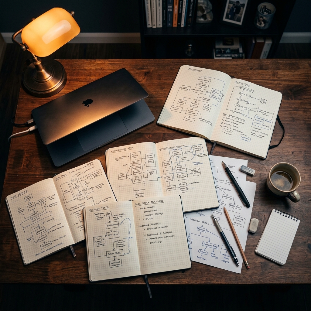Overhead desk view with architecture sketches and planning notes