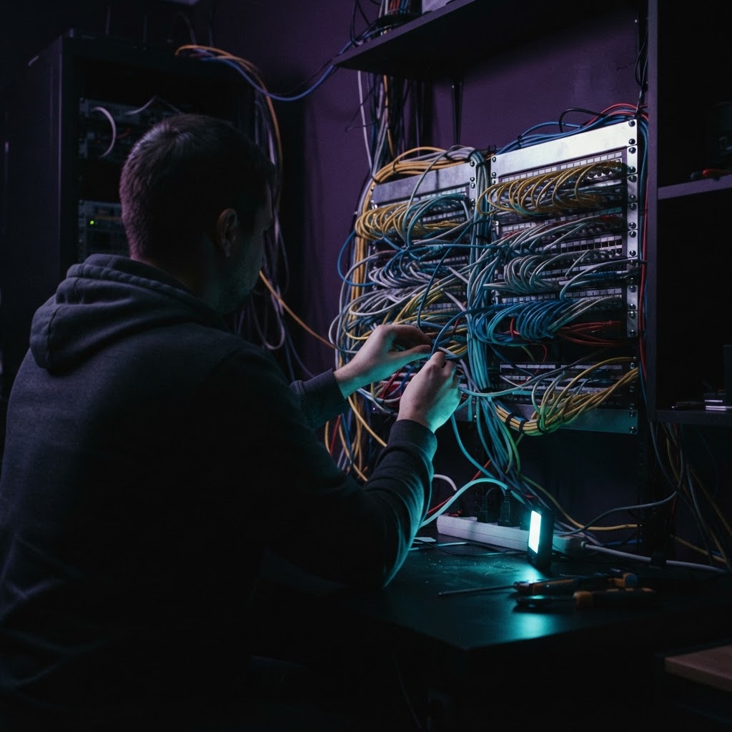 Developer adjusting network cables in a dark studio setting