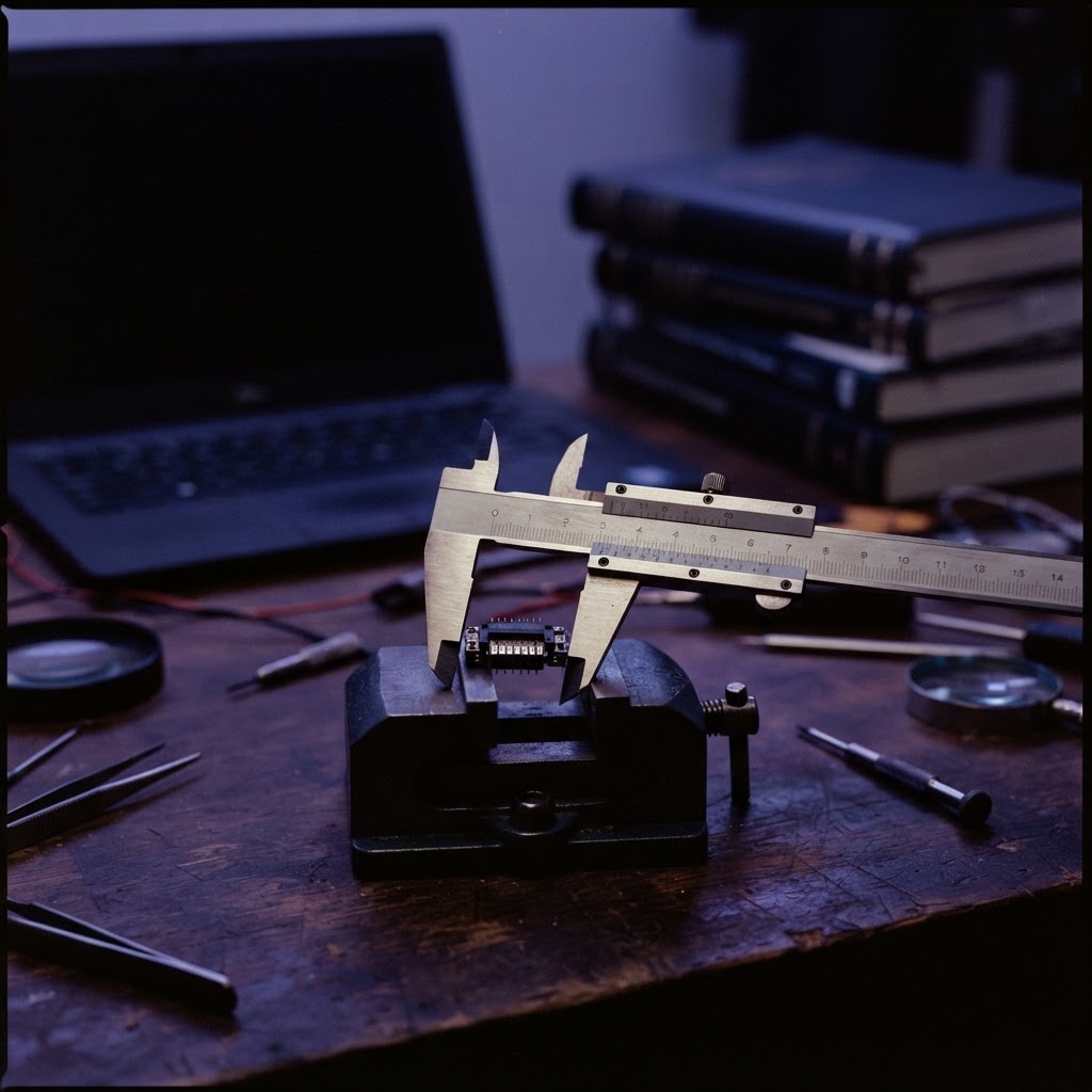 Measuring a technical component on a dark engineering workbench