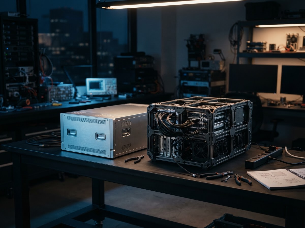 Two distinct server hardware enclosures on a dark industrial desk