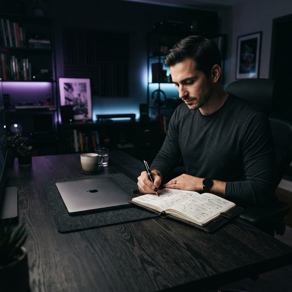 Developer workspace with closed laptop and leather notebook