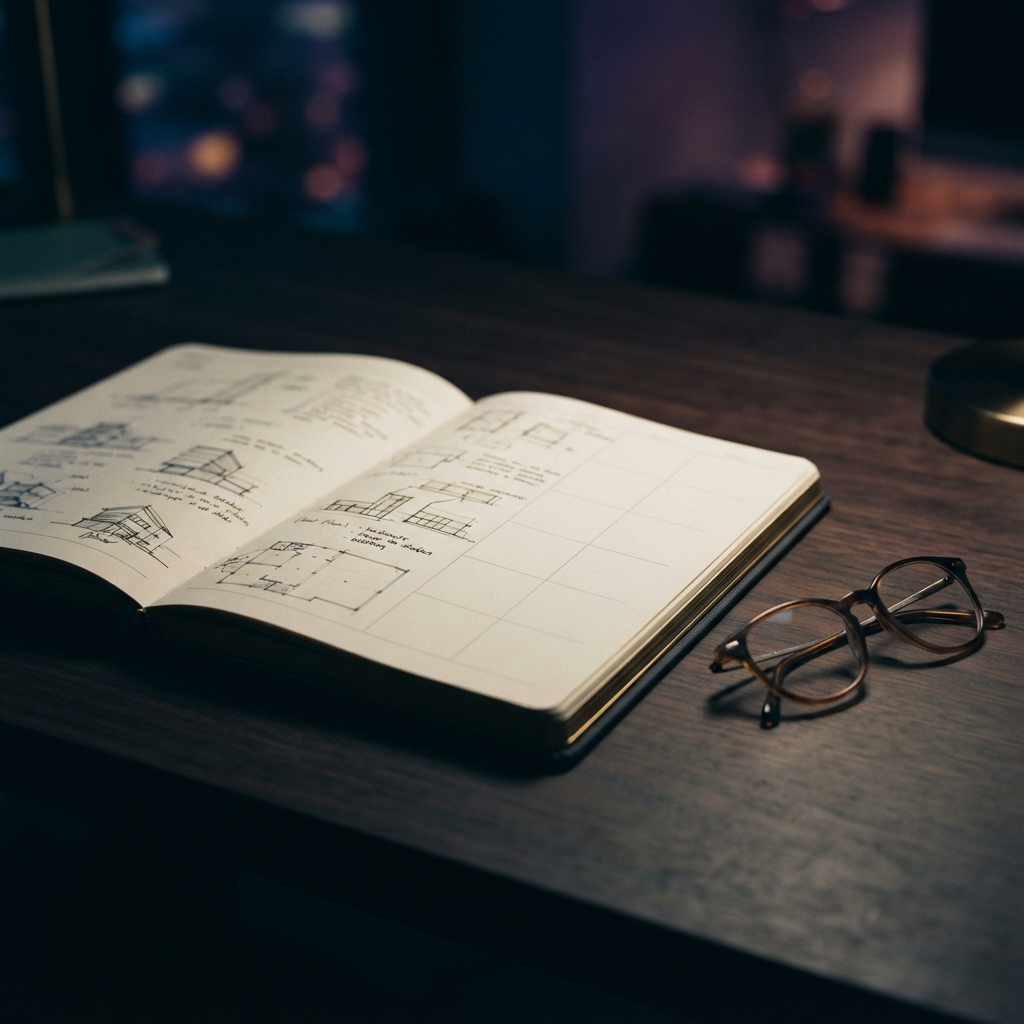 Paper planner and glasses on a dark desk