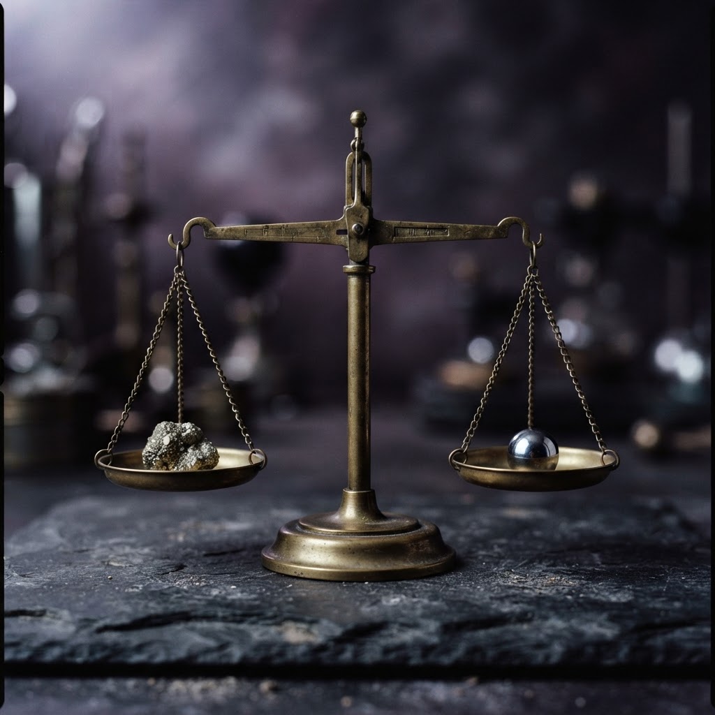 A physical brass scale balancing items on a dark surface