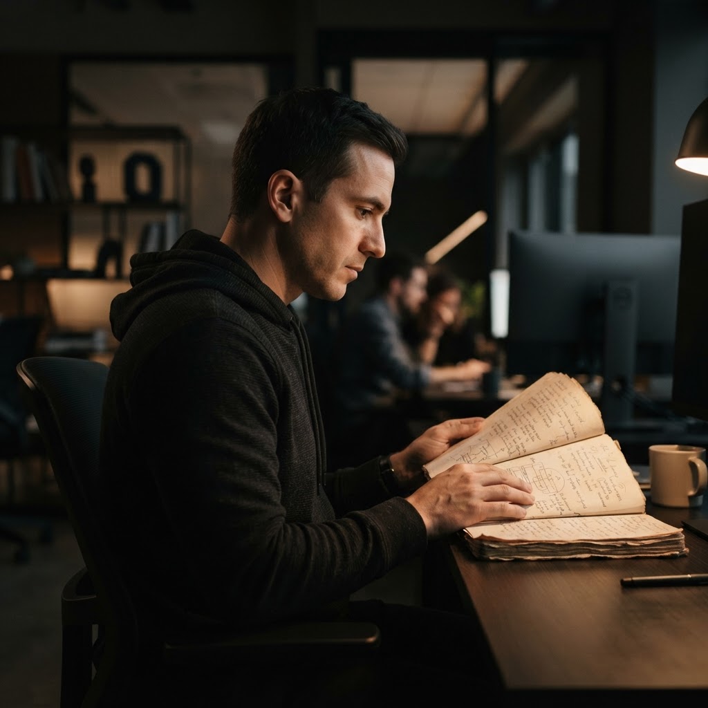 Developer reviewing a document in a dimly lit office