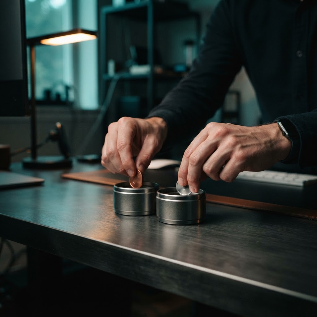 Hands placing tokens into two separate containers on a desk