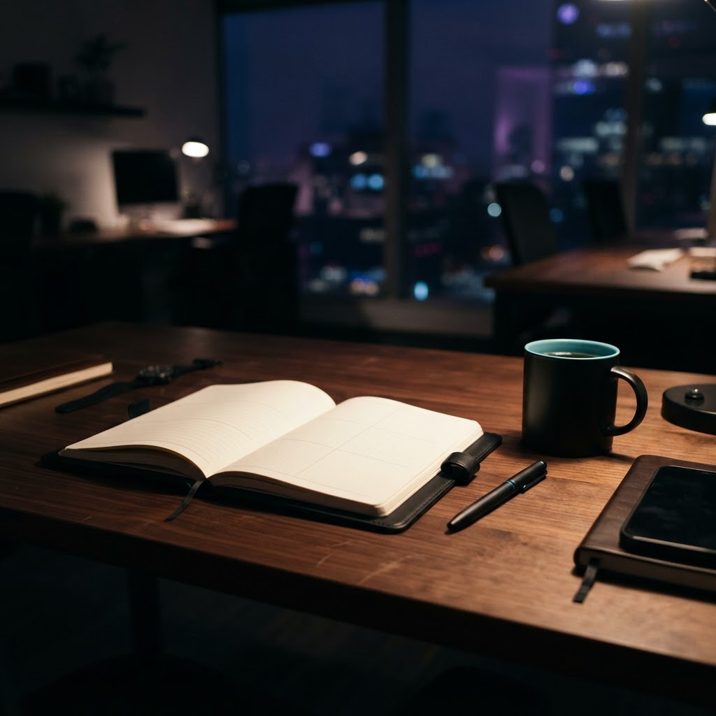 Open leather planner and pen on a dark wooden desk