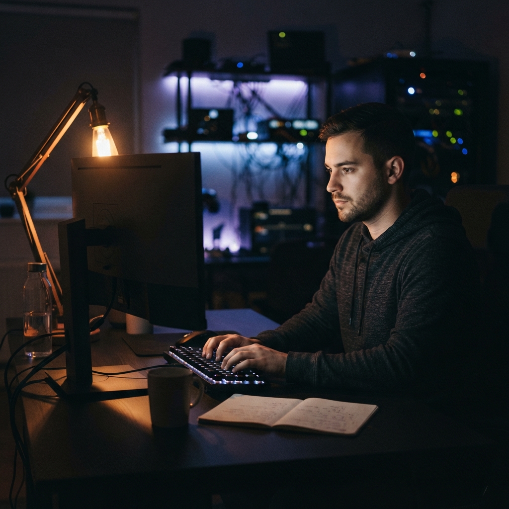 Developer focused on work at a desk at night