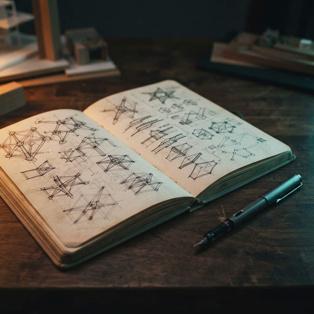 Notebook with engineering architecture sketches